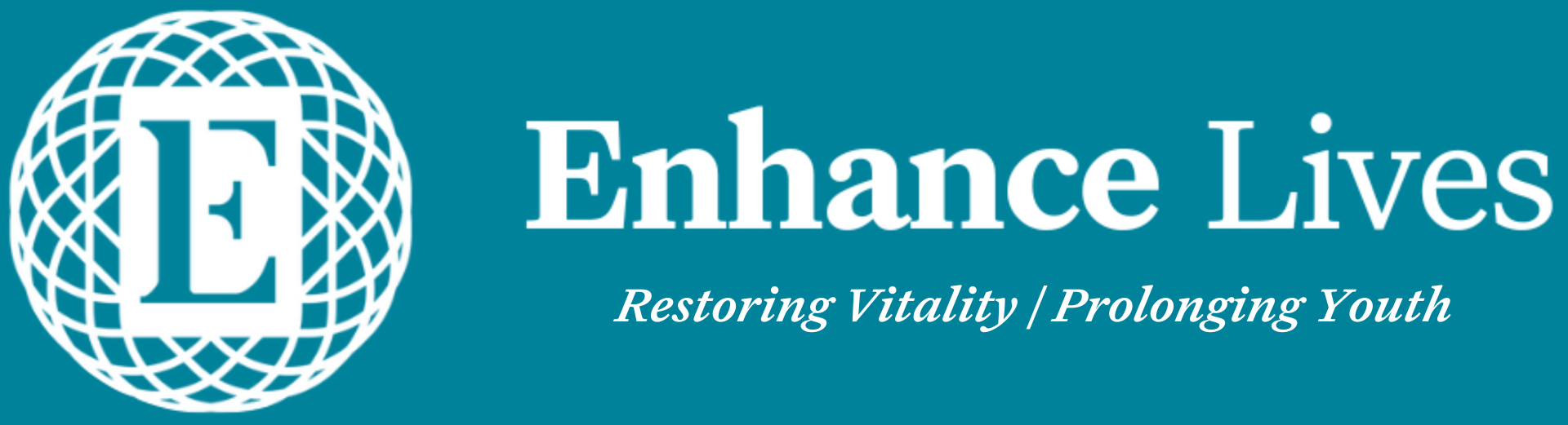 The Enhance Lives company logo on a blue background. The icon to the left is white with the text "Enhance Lives. Restoring Vitality / Prolonging Youth" also in white to the right.